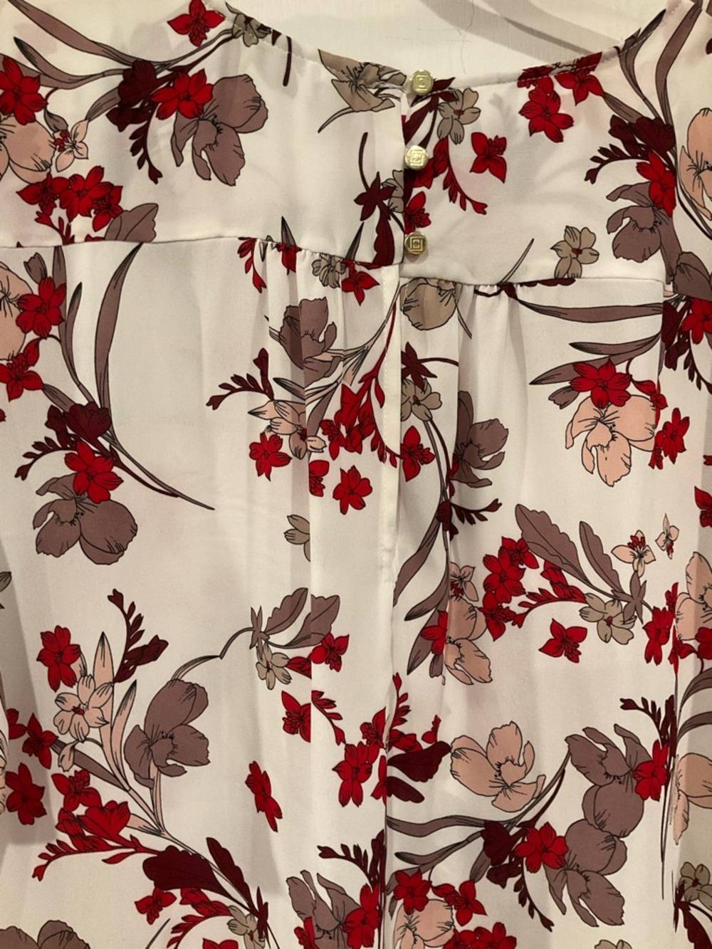 Women's Floral Short-Sleeve Blouse - Red & Taupe on Cream - Picture 5 of 6